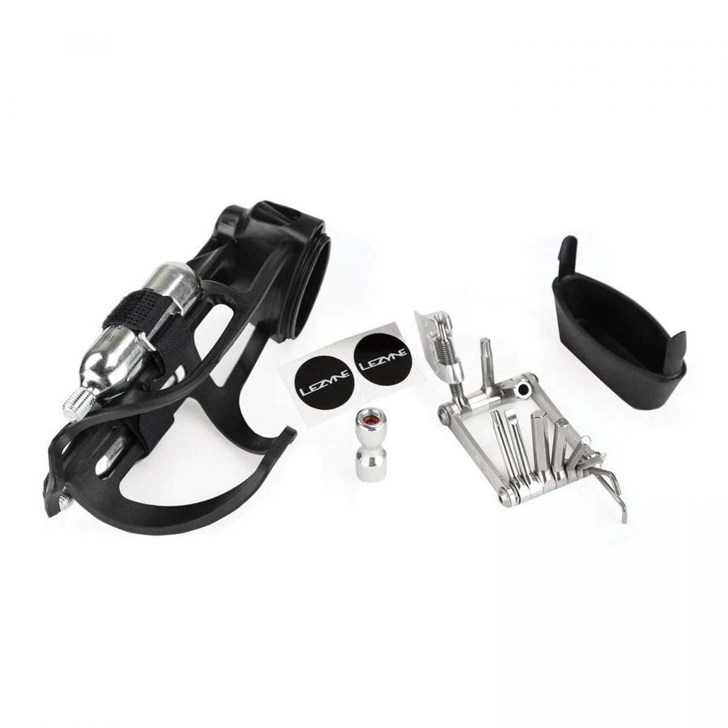 Porta Anfora Lezyne Flow Storage Cage Loaded (Inlcuye 2x Co2, Multiherramienta, Adaptador Co2))